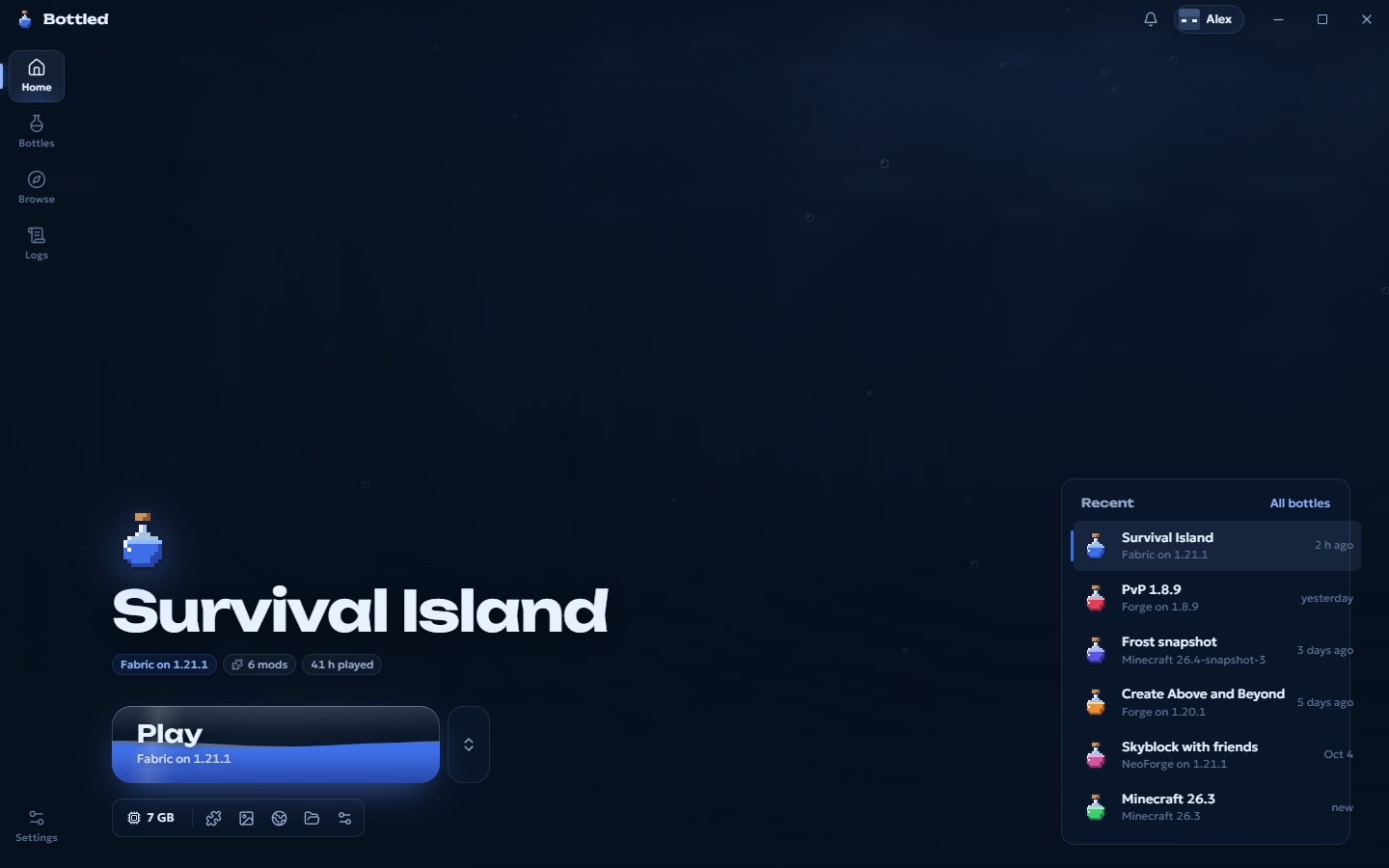 Bottled's home screen with the Play button and recent bottles