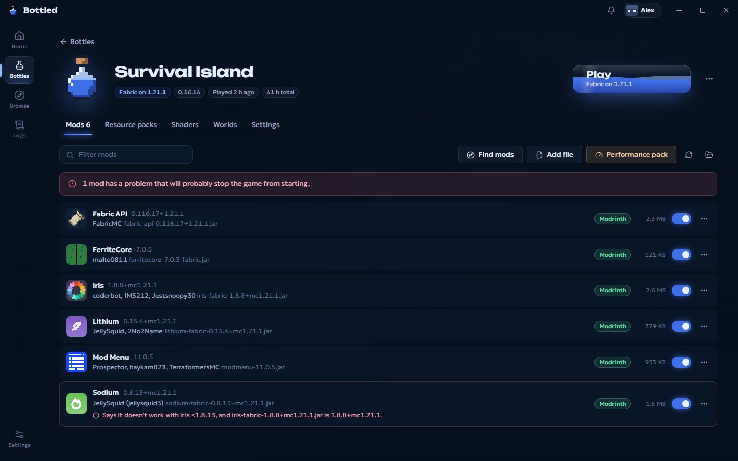 The mods list flagging a Sodium and Iris version conflict