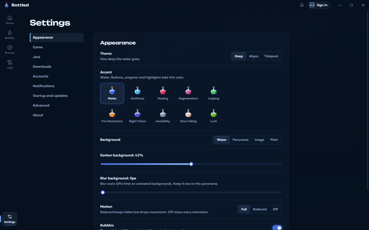 Appearance settings with potion accent colors